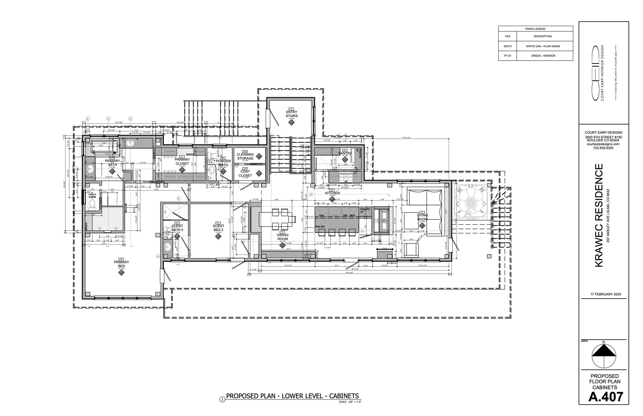 2024.02.24_Krawec.Residence_CAD_Design-Development-Set.1-WEB Architectural floor plan of a lower level residence labeled "Krawiec Residence," featuring detailed layouts for multiple rooms and labeled cabinet locations.